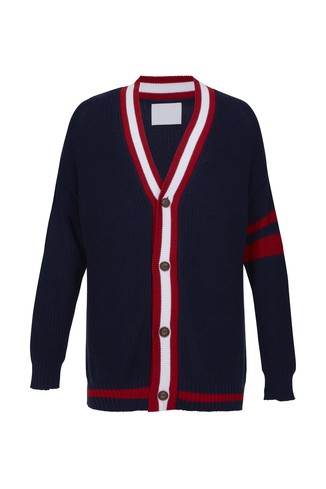 Navy Cardigan with Red & White Stripe