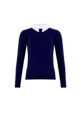 Blue Jumper With White Pearl Detail Collar