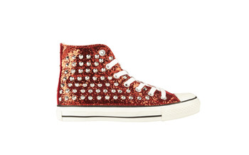 Red sequins and studs trainers