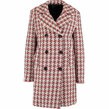 Red Wool Blend Checkered Knitted Pea Coat
